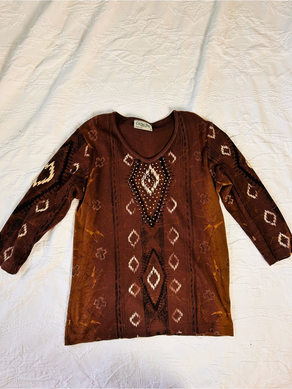 Cactus Brown Southwestern-Pattern Long Sleeve Top